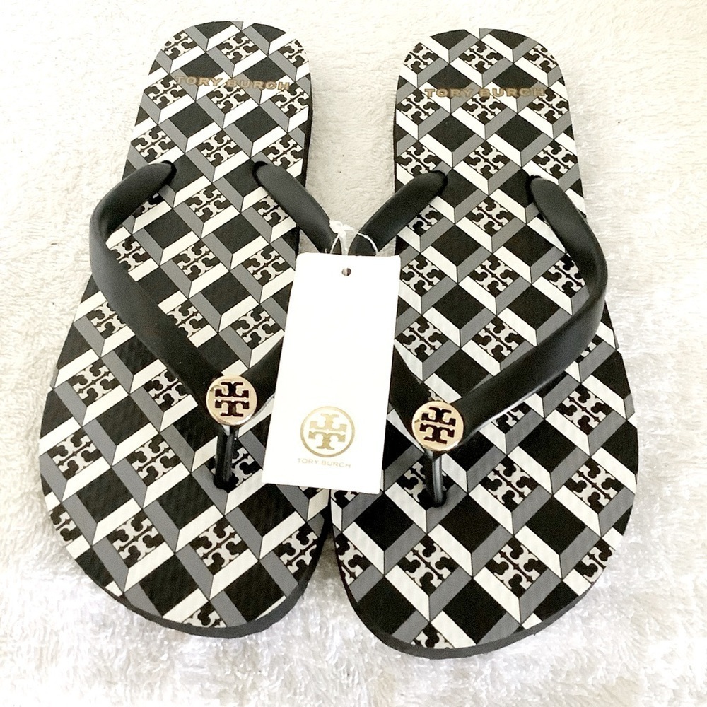 NWT Tory Burch Perfect Black Geo Allover Monogrammed Flip Flop Sz 5